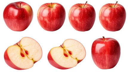 Various red apple views including sliced, halved, and whole from multiple angles isolated on transparent background, perfect for cutout PNG images