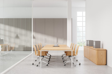 White conference interior with meeting board and chairs, panoramic window