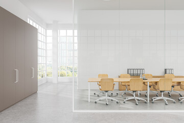 White conference room interior with board and chairs, panoramic window