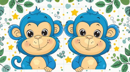  Cute cartoon jungle pattern, with colorful icons of monkeys and vines scattered, lined in a white grid, reminiscent of a jungle guide