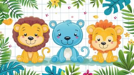 Fototapeta premium Cute cartoon jungle pattern, with colorful icons of monkeys and vines scattered, lined in a white grid, reminiscent of a jungle guide