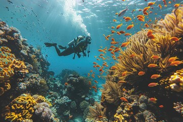 Obraz premium A vibrant underwater scene with colorful coral reefs, schools of fish, and a scuba diver exploring the marine life.