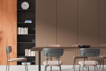 Brown home living room interior with table and seats, shelf with decoration