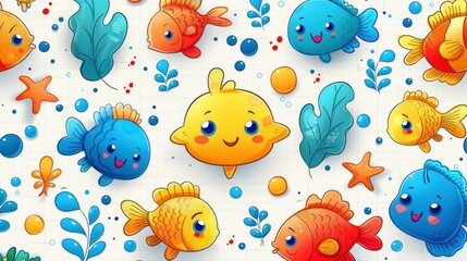  Cute cartoon ocean pattern, with colorful icons of fish and seaweed scattered, lined in a white grid, reminiscent of an aquarium