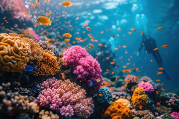 Fototapeta premium A vibrant underwater scene with colorful coral reefs, schools of fish, and a scuba diver exploring the marine life.
