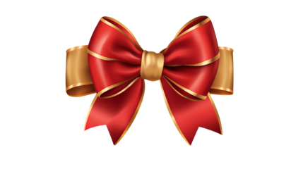 Elegant red ribbon and bow with gold trim on transparent background, perfect for holiday decorations and gift wrapping designs, isolated PNG image