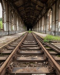 Photo of an eerie, abandoned train station with broken tracks and a sense of foreboding