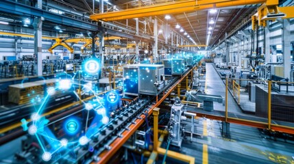 The Internet of Things IoT in manufacturing. Integration of connected devices to optimize production, maintenance, inventory, and other factory operations in the new era of Industry 4.0 