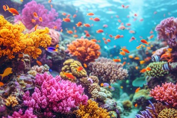 Obraz premium A vibrant underwater scene with colorful coral reefs, schools of fish, and a scuba diver exploring the marine life.