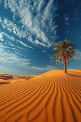 Vertical background with palm tree in the middle of a hot desert.
