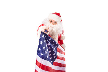 Christmas themed party. Funny Santa Claus posing on a white background.