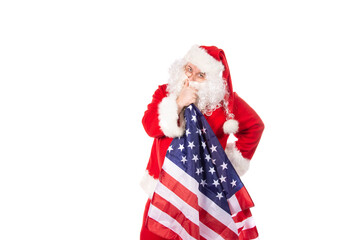 Christmas themed party. Funny Santa Claus posing on a white background.