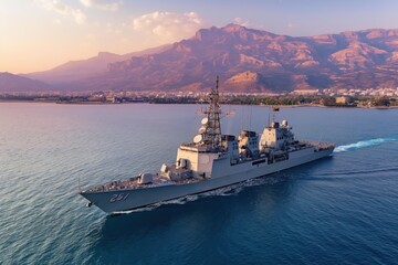 A photo of a modern military navy ship sailing in the sea, with a coastal city in the background, taken on a sunny day in the golden hour light. Military transport concept.