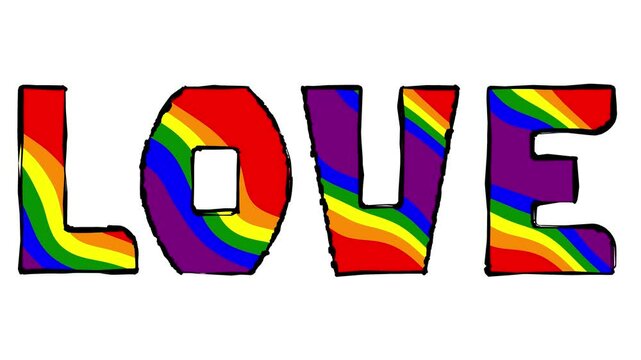 Animated word "Love" written in rainbow colored cartoony bold letters on a pure white background. Seamlessly loopable motion graphic.