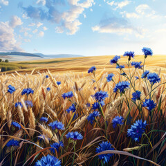 Blooming cornflowers on a field of ripening grain. AI generative.