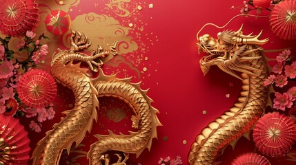 Fototapeta premium Golden Chinese New Year dragon wraps around red background