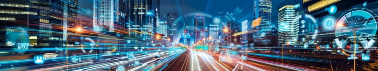 Fototapeta premium City of the Future: Enhancing Urban Transportation Efficiency and Sustainability through Smart Technology. Advanced Urban Road Construction, Comprehensive Public Transportation Facilities, Efficient a