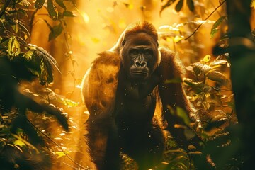 Obraz premium A western lowland gorilla walking through a tropical forest, its massive frame and dark, glossy fur highlighted by dappled sunlight filtering through the canopy.