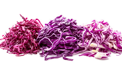 Collage with piles of shredded fresh red cabbage on white background