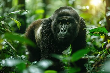 Obraz premium A western lowland gorilla walking through a tropical forest, its massive frame and dark, glossy fur highlighted by dappled sunlight filtering through the canopy.