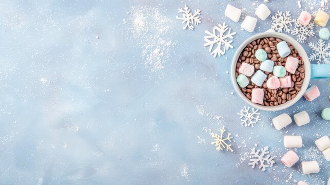 Bowl of marshmallows and coffee beans with bokeh lights and snowflake decorations, creating a cozy winter atmosphere. Concept of holiday treats and warmth.