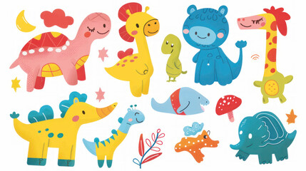 Obraz premium A collection of colorful kids' toys. There are drawings of fun cartoon characters.