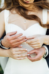 Newlyweds exchange rings, groom puts the ring on the bride's hand. High quality photo.