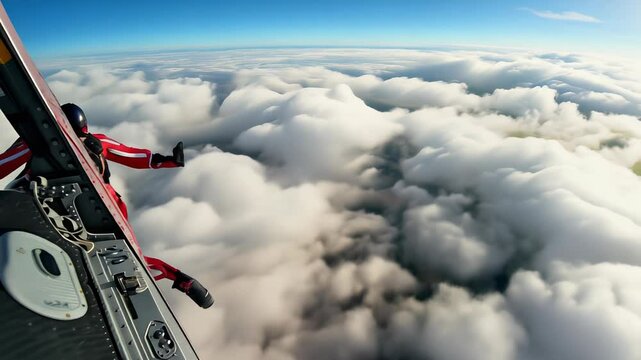 Skydiver plunges from aircraft doorway. Wide-angle shot captures exhilarating moment, contrasting red suit against expansive white cloudscape below, epitomizing adventure and freedom.	