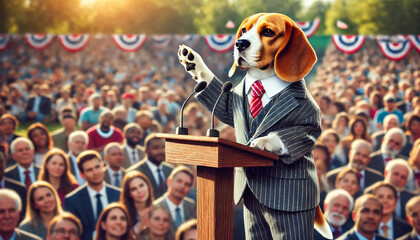 Dog in a suit giving a speech at a rally.