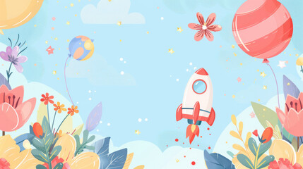 Baby shower invitation featuring cartoon objects like a rocket, balloons, and flowers. It's a boy!