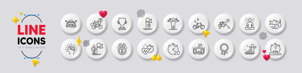 Flag, Leadership and Yoga line icons. White buttons 3d icons. Pack of Approved, Cardio training, Success icon. Quiz, Mountain bike, Bicycle parking pictogram. Vector