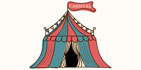 Fototapeta premium Colorful Doodle Circus tent with flag with inscription carnival editable stroke. Vector hand drawn illustration in brown, red, blue colors. Isolated on beige background. One from Circus collection 