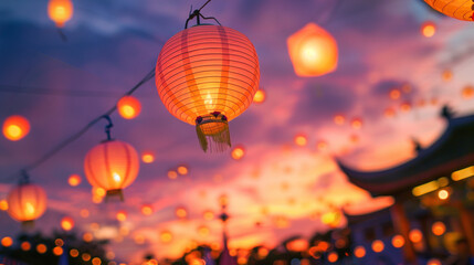 Obraz premium Flying lanterns at night, during the Mid-Autumn festival, colorful lanterns decorate the orange and purple night sky, Ai generated Images