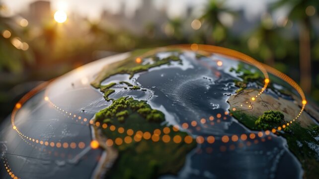 A 3D globe with a GPS tracker orbiting, following a container's path as it circles the world.