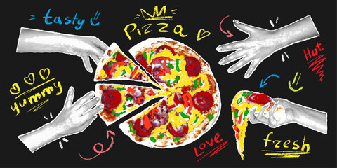 Round photorealistic pizza with pencil doodle texture. Hands with a halftone effect are reaching for a large pizza, a piece of pizza in hand. Vector illustration in retro collage style.
