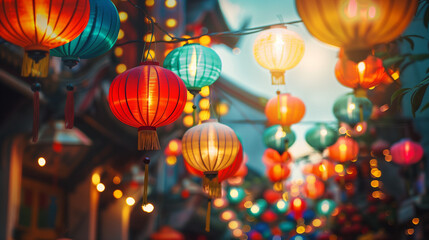 Colorful paper lanterns in the Mid-Autumn festival, bright sky background, lanterns of various shapes and sizes hanging in the air, festive and happy atmosphere