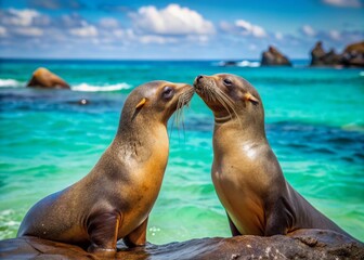 Naklejka premium Adorable Galapagos sea lions locked in a tender kiss, their whiskers intertwined, surrounded by turquoise waters and volcanic rocks in the Ecuadorian archipelago.