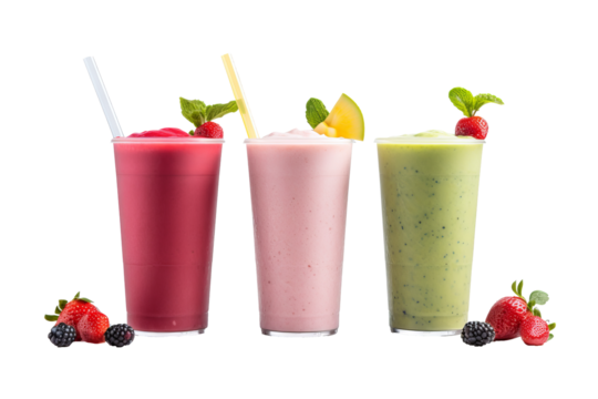 Colorful assorted fruit smoothies PNG with transparent background for food and beverage design projects and digital artworks