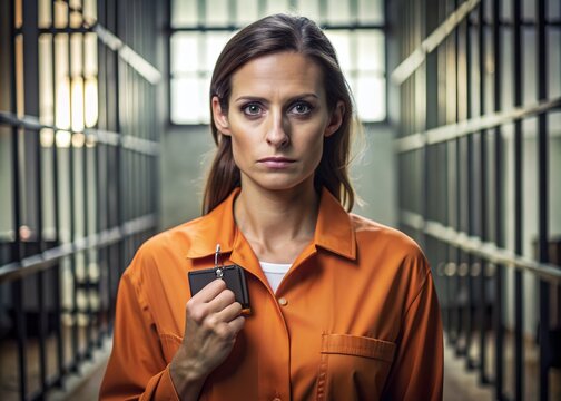 female prisoner standing and holding a black badge