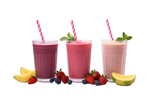 Colorful assorted fruit smoothies PNG with transparent background for food and beverage design projects and digital artworks