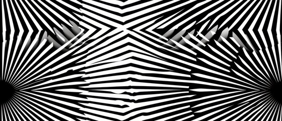 seamless pattern, Abstract black and white geometric optical illusion pattern creating a hypnotic visual effect with converging lines.