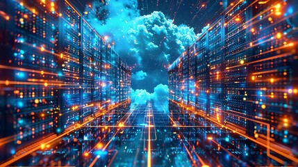 Futuristic technology concept featuring cloud networking, artificial intelligence, and cyber security elements: high-tech circuit board, firewall network security, and camera integration illustrating 