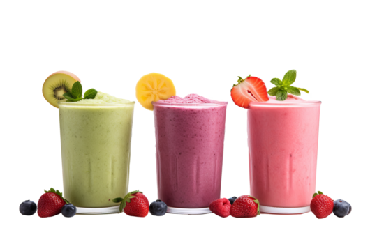 Colorful assorted fruit smoothies PNG with transparent background for food and beverage design projects and digital artworks