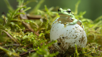 Tiny Frog Emerging from Translucent Egg in Lush Natural Setting