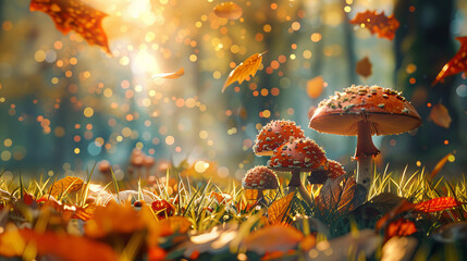 Small, fresh mushrooms are growing in the grass of an autumn forest. The leaves and mushrooms create a magical scene, perfect for mushroom picking.