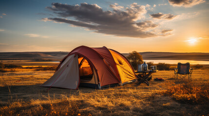 A backpacking tent in a field. Created with generative AI