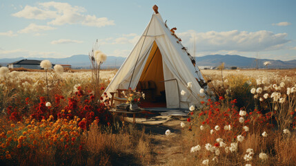 A tent in a field. Created with generative AI