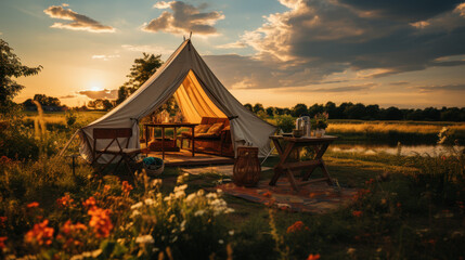 Obraz premium A tent in a field. Created with generative AI