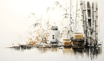 Still life with bambus trees and ceramic water vessels. Japanese ink painting of paint splashes.