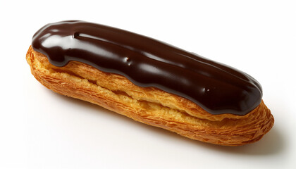 a traditional French &eacute;clair,  featuring a choux pastry filled with rich pastry cream and topped with a glossy chocolate glaze, set against a clean white background